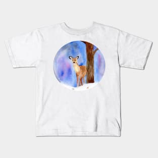 Deer in the Winter Forest Painting Kids T-Shirt